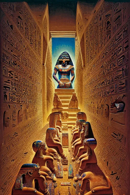 Prompt: a hyperrealistic painting of a ancient egyptian mummies tomb with magical iridescent scarabs and embellished ornate old statues walls of hieroglyphics, cinematic horror by chris cunningham, lisa frank, richard corben, highly detailed, vivid color, beksinski painting, part by adrian ghenie and gerhard richter. art by takato yamamoto. masterpiece