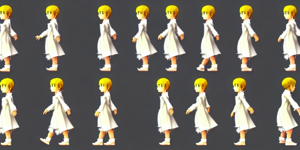 Image similar to 3 d walking cycle sprite sheet of a girl in a peasant clothes, walking to the right, each sprite is a different frame of the animation, in the style of final fantasy games, side view of her taking steps, accurate walk cycle, walk cycle, walk cycle, always wearing the same clothes