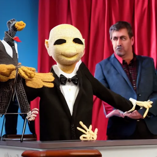 Prompt: press conference with puppeteer using marionette of a president in a podium