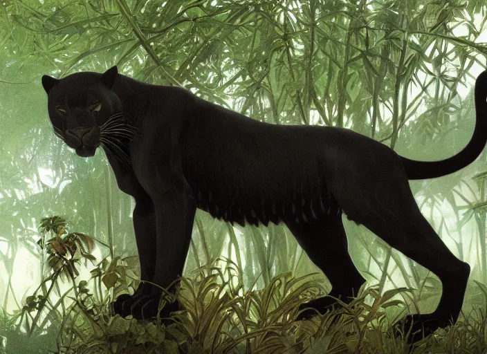 Image similar to animal concept of a black panther melanistic deep black leopard walking on a lush intricate tree, accurately portrayed, portrait art by alphonse mucha and greg rutkowski, highly detailed, digital painting, concept art, illustration, dim lighting with twilight rays of sunlight, trending on artstation, very detailed, smooth, sharp focus, octane render, close up