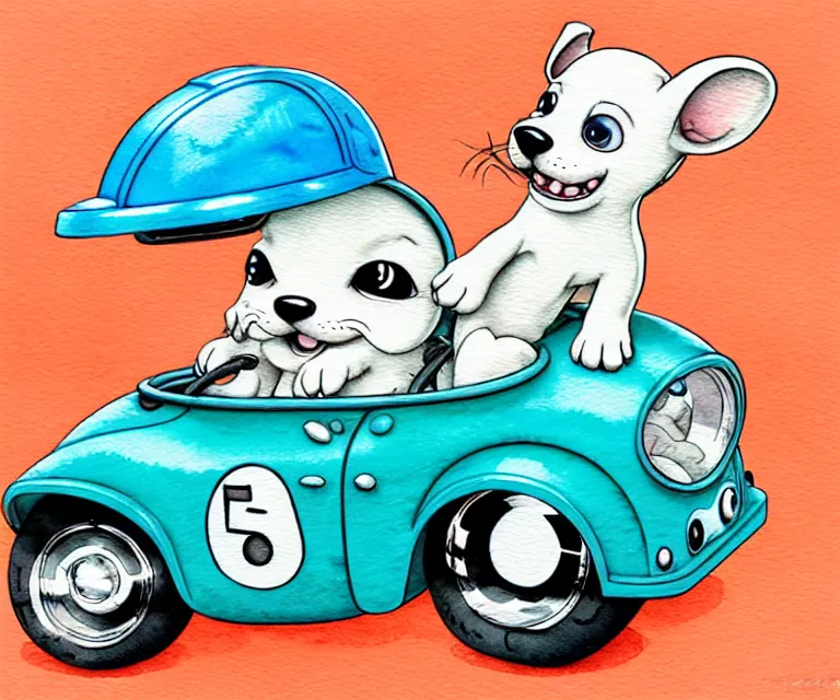 Image similar to cute and funny, puppy wearing a helmet riding in a tiny hot rod with an oversized engine, ratfink style by ed roth, centered award winning watercolor pen illustration, isometric illustration by chihiro iwasaki, edited by range murata, tiny details by artgerm and watercolor girl, symmetrically isometrically centered, sharply focused