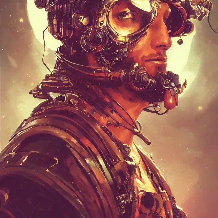 Prompt: a head and shoulders portrait of a space pirate, neon, retro, steampunk, smooth, sharp focus, intricate, artstation, detailed concept art by Rutkowski and Mucha and sky sewa and Caravaggio