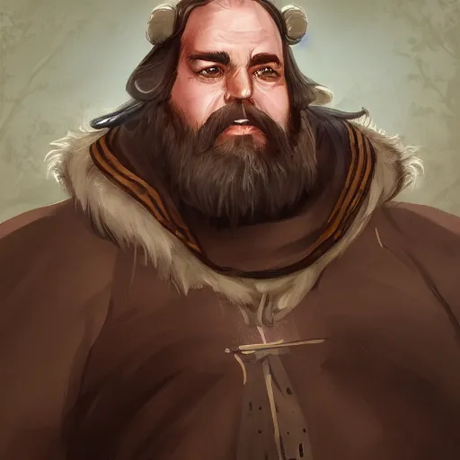 Prompt: portrait, 5 0 years old man, large, stocky : : fantasy : : brown hair, sympathetic, thick brown beard : : noble medieval clothing : : high detail, digital art, rpg, concept art, illustration