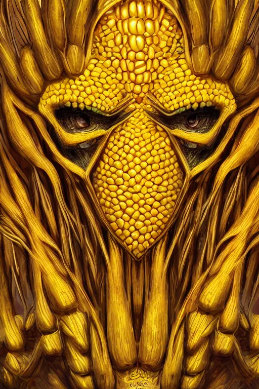 Prompt: corn humanoid figure monster, symmetrical, highly detailed, digital art, sharp focus, trending on art station, amber eyes