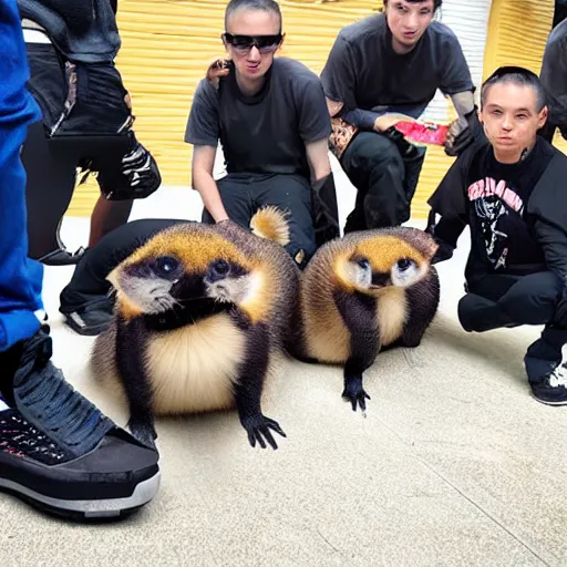 Image similar to a group of ferrets in hypebeast clothing holding a glock towards the camera