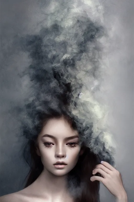 Image similar to inside a soul of a gorgeous young girl , searching for eternity, smoke out of her eyes, minimalistic dark forest in the style of stefan kostic, realistic, sharp focus, 8k high definition, high fashion, vogue, insanely detailed, soft light, colorful smoke, intricate, elegant, art by stanley lau and artgerm, sigma 85mm art