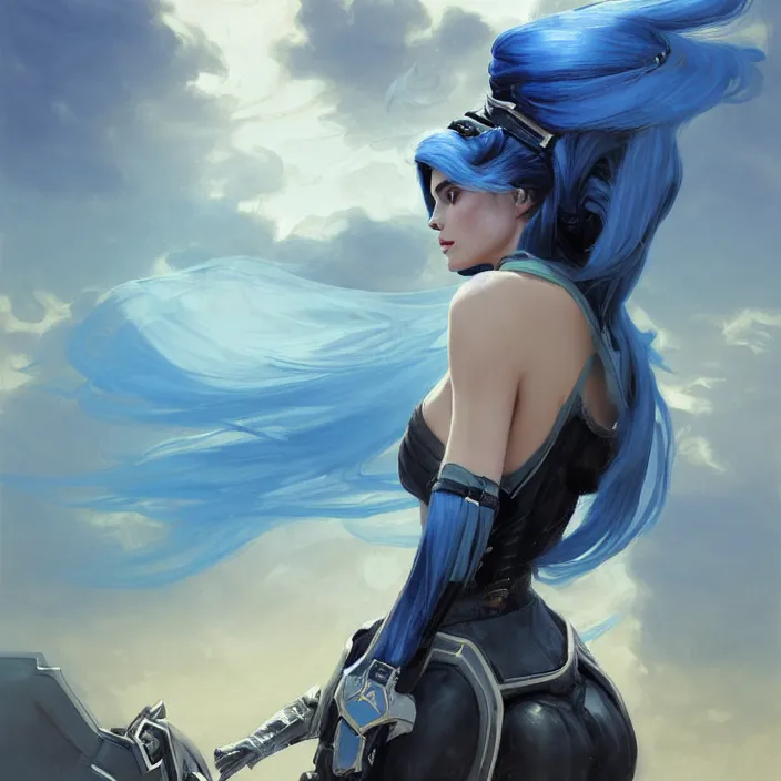 Image similar to portrait of a combination of Ashley Greene, Adriana Dxim, Grace Kelly and Lily Collins with blue hair wearing Warframe armor, countryside, calm, fantasy character portrait, dynamic pose, above view, sunny day, thunder clouds in the sky, artwork by Jeremy Lipkin and Giuseppe Dangelico Pino and Michael Garmash and Rob Rey and Greg Manchess and Huang Guangjian and Makoto Shinkai, very coherent asymmetrical artwork, sharp edges, perfect face, simple form, 100mm