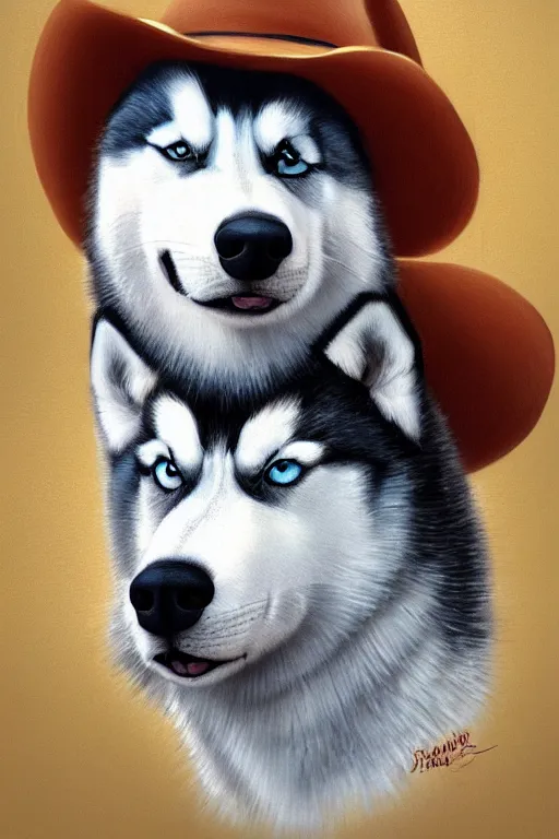 Image similar to a portrait painting of a husky in cowboy costume, wearing a cowboy hat, by studio ghibli, [ western film ], humanoid, personify, anthropomorphic, trending on artstation