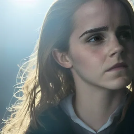 Prompt: Film still of Emma Watson as Hermione Granger. Silhouette. Shadowed. Halo. Ring of light. Backlit. Angelic. Beautiful.