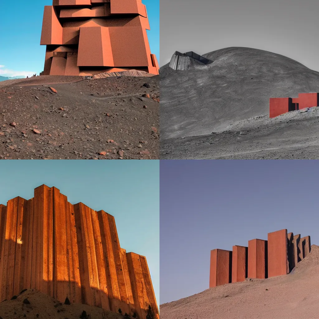 Prompt: a giant brutalist building on the side of a mountain on a red planet