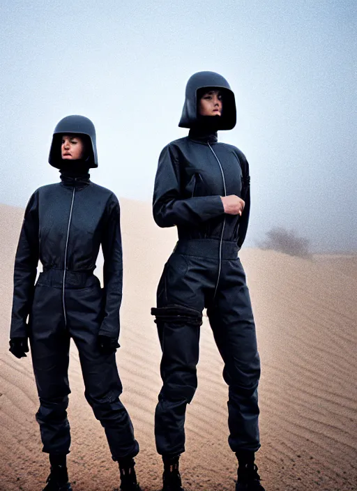 Prompt: cinestill 5 0 d photographic portrait of two loving clones, techwear women on a desolate plain, a brutalist dark metal facility in the background, sandstorm, depth of field, 4 k, 8 k, hd, full color