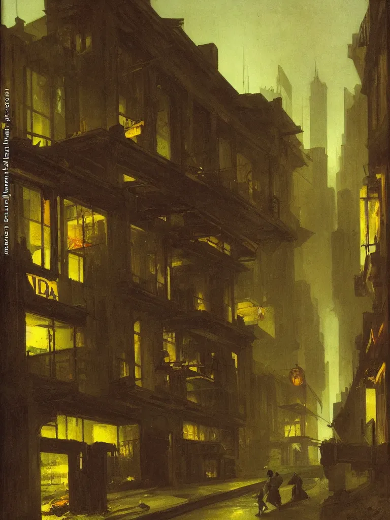 Prompt: a dark alley with abandoned buildings, a nightclub with neon signs, menacing skyline by carl spitzweg and edward hopper