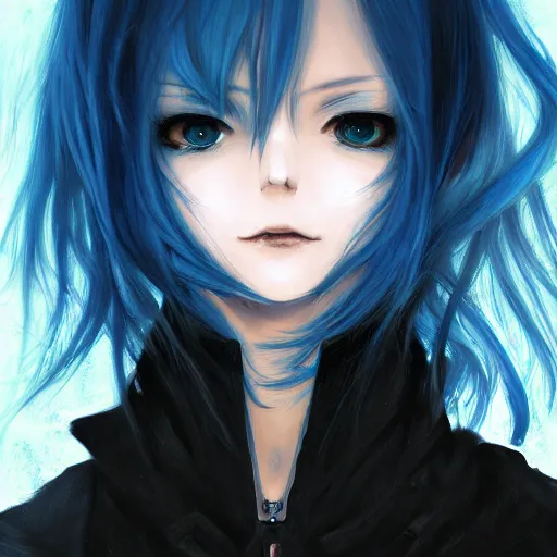 Image similar to full face shot of rimuru tempest, sky blue straight hair, long bangs, amber eyes, wearing a fancy black jacket, high collar, ultra detailed, brush strokes, digital painting, cinematic, wlop artstation, closeup, pixiv, eerie, scary, intimidating, evil, yoshitaka amano, junji ito,