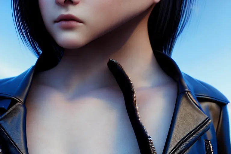 Image similar to extremely beautiful aesthetic girl with leather jacket in the urban city, occlusion shadow, specular reflection, rim light, unreal engine, octane render, artgerm, artstation, art by hiroaki samura and jiro matsumoto and yusuke murata, high quality, intricate detailed 8 k, beautiful shape of face and body, sunny day