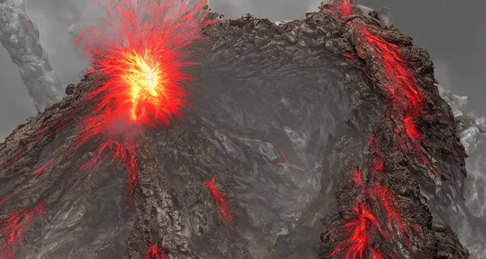 Prompt: a volcano made of ivory vines and crimson rocks enters in eruption, it spits a smoke in the shape of demonic eye, from Lineage 2