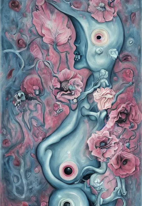 Prompt: a biomorphic painting of a vase with flowers and eyeballs in it, a surrealist painting by marco mazzoni, by dorothea tanning, pastel blues and pinks, lips, melting, plastic, skull, featured on artstation, metaphysical painting, oil on canvas, fluid acrylic pour art, airbrush art, seapunk, rococo, lovecraftian