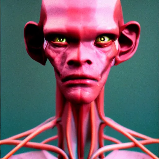 Prompt: incredible portrait of a 1980s humanoid alien, pensive pose, kodak portra 800, grainy photograph, award winning portrait photography