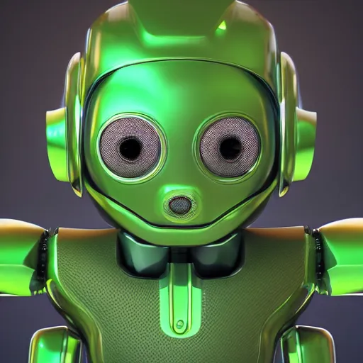 Prompt: adorable green robot, glossy render, symmetrical face, symmetrical eyes, rendered with octane, unity 5, 3 0 9 0 ti, portrait, great lighting, close up