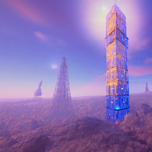 Image similar to Render of a beautiful tower made of gigantic pieces of radiant blue crystal, golden hour, serene, hyperdetailed, trending on Artstation, Unreal Engine 4k