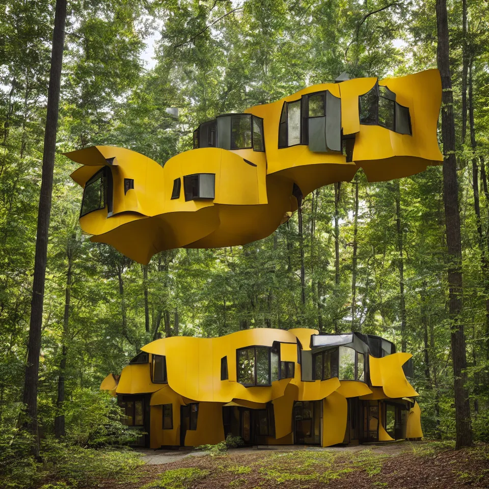Prompt: architecture ad for a 1 story mid-century modern house in the middle of the forest, designed by Frank Gehry. Film grain, cinematic, yellow hue