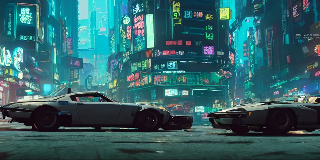 Image similar to a wholesome animation key shot of a quadra type 66 avenger as a Cyberpunk 2077 loading screen, medium shot, architecture, studio Ghibli, Pixar and Disney animation, sharp, very detailed, high resolution, inspired by Hayao Miyazaki, anime key art by Greg Rutkowski, Bloom, dramatic lighting