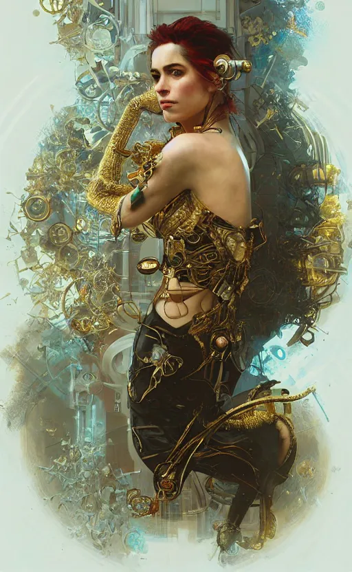 Image similar to hyper realistic time machine, cyberpunk, design on white background, beautiful details, lush foliage cyberpunk, gold, drawn by john singer sargent, tom bagshaw, norman rockwell, alphonso mucha, lolish, trending on artstation