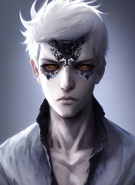 Image similar to highly detailed portrait art of a skull face boy, white hair, black and blue eyes, white shirt, ross tran, krenz cushart,, vd, intricate, digital anime art, sharp focus