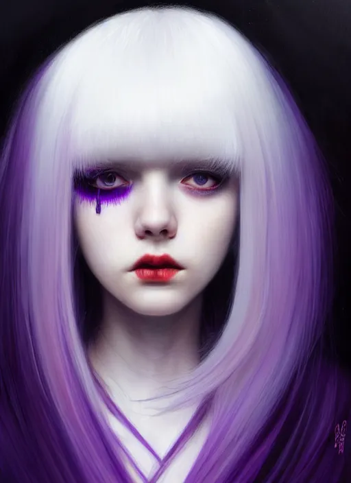 Image similar to hair blackbangs hair, white hair, blackbangs, portrait of teenage girl with white hair, red irises, purple clothes, black bangs, bangs are different color from hair, intricate, elegant, glowing lights, highly detailed, digital painting, artstation, concept art, smooth, sharp focus, illustration, art by wlop, mars ravelo and greg rutkowski