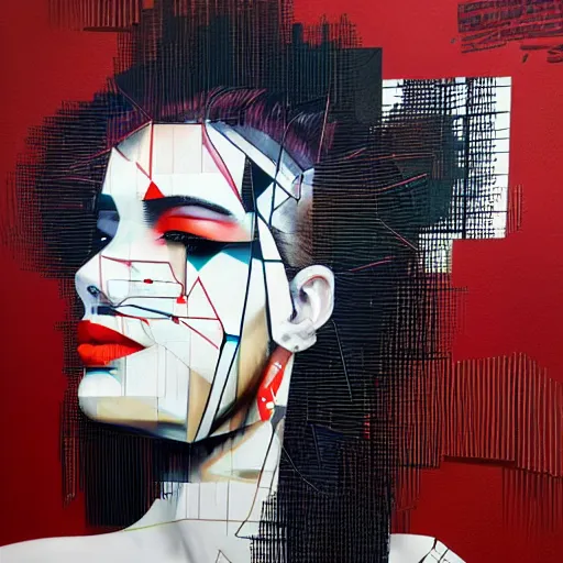 Image similar to beautiful woman seen in profile, haloed by an explosion of microsoft excel chart lines and graphs, white background, sandra chevrier, rik oostenbroek