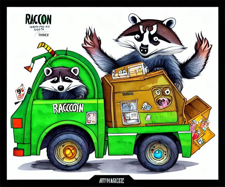 Image similar to cute and funny, racoon driving a tiny garbage truck, ratfink style by ed roth, centered award winning watercolor pen illustration, isometric illustration by chihiro iwasaki, edited by craola, tiny details by artgerm and watercolor girl, symmetrically isometrically centered