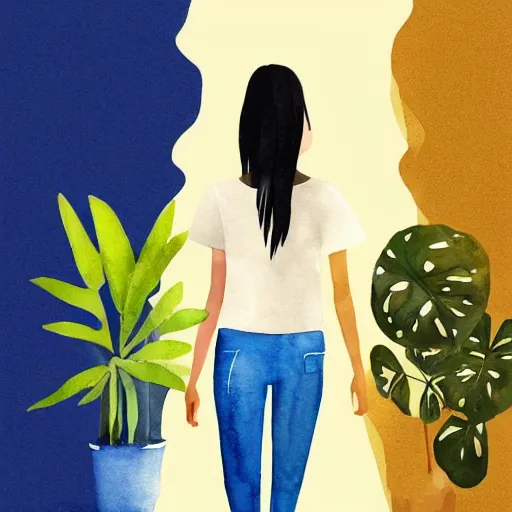 Image similar to a room full of beautiful house plants and a pretty caucasian woman with pale skin, long black hair with bangs, wearing shorts and t shirt, walking happily, abstract, golden light, beautiful watercolor art trending on artstation