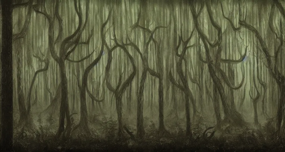 Image similar to A dense and dark enchanted forest with a swamp, by David Eichenberg