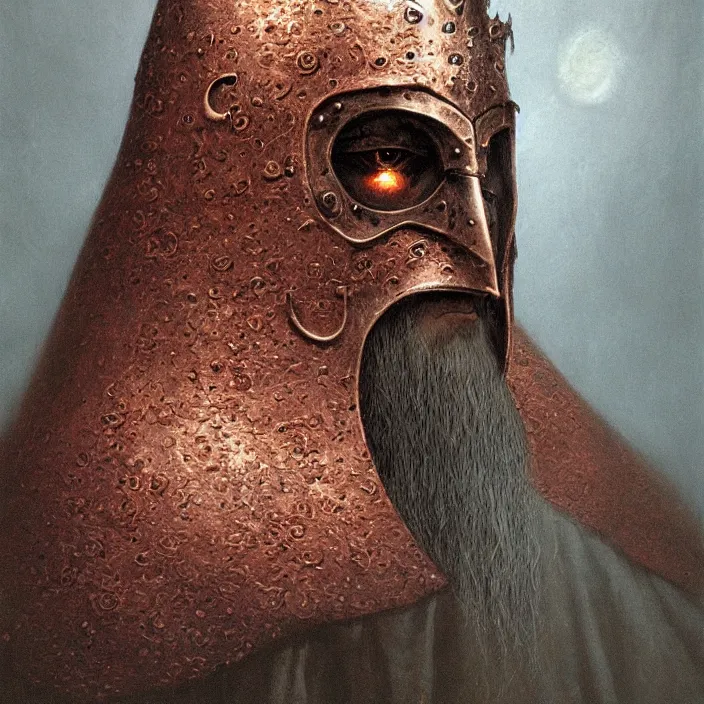 Image similar to portrait of the witch king of angmar, in copper armor, front profile head and chest only, by beksinski, 4 k, deviantart, trending on artstation