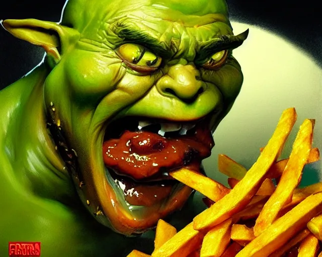 Prompt: closeup face profile portrait of insane crazy mad green goblins eating fries eggs and baked beans, hyung tae, frank frazetta, hyper realistic, artstation, illustration, digital paint, matte paint, vivid colors, bright, cheerful, detailed and intricate cathedral kitchen environment