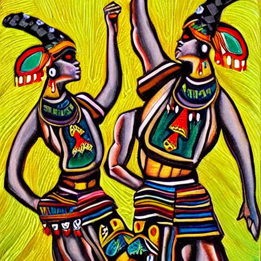 Image similar to tribal dance theme, art by jeff lyons, surrealism