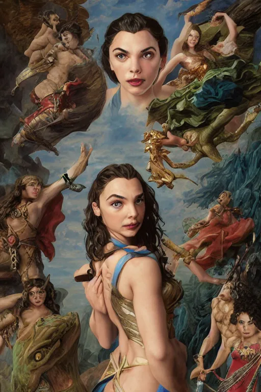 Image similar to A fantasy comic book style portrait painting of Gal Gadot, Anya Taylor-Joy, Joey King, as an Atlantean Reptilian Warrior, François Boucher, Oil Painting, Mystical Valkyrie, unreal 5, DAZ, hyperrealistic, octane render, Regal, Refined, Detailed Digital Art, RPG portrait, William-Adolphe Bouguereau, Michael Cheval, Walt Disney (1937), Steampunk, dynamic lighting, Highly Detailed, Cinematic Lighting, Unreal Engine, 8k, HD