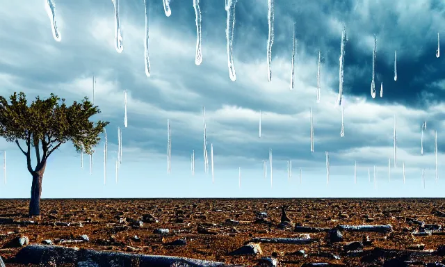 Image similar to panorama of big raindrops flying upwards into the blue sky from a dried up river in a desolate land, dead trees, blue sky, hot and sunny highly-detailed, elegant, dramatic lighting, artstation, 4k, cinematic landscape, photograph by Elisabeth Gadd