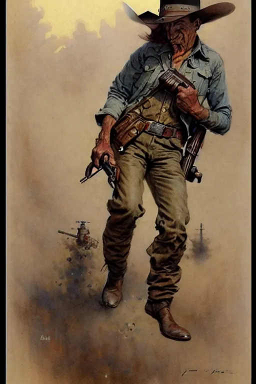 Prompt: (((((1950s wold west gunfighter cover art . muted colors.))))) by Jean-Baptiste Monge !!!!!!!!!!!!!!!!!!!!!!!!!!!