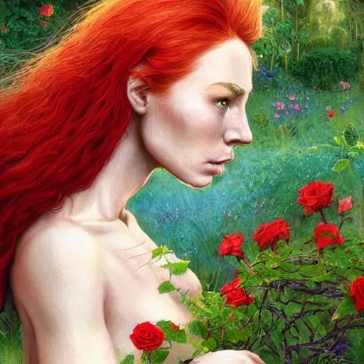 Image similar to a beautiful warrior woman, red hair, blue dress, detailed, rose garden, by john howe _ h 7 0 4