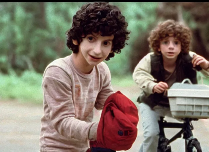 Image similar to film still of Finn Wolfhard as Elliot in ET 1982 with ET