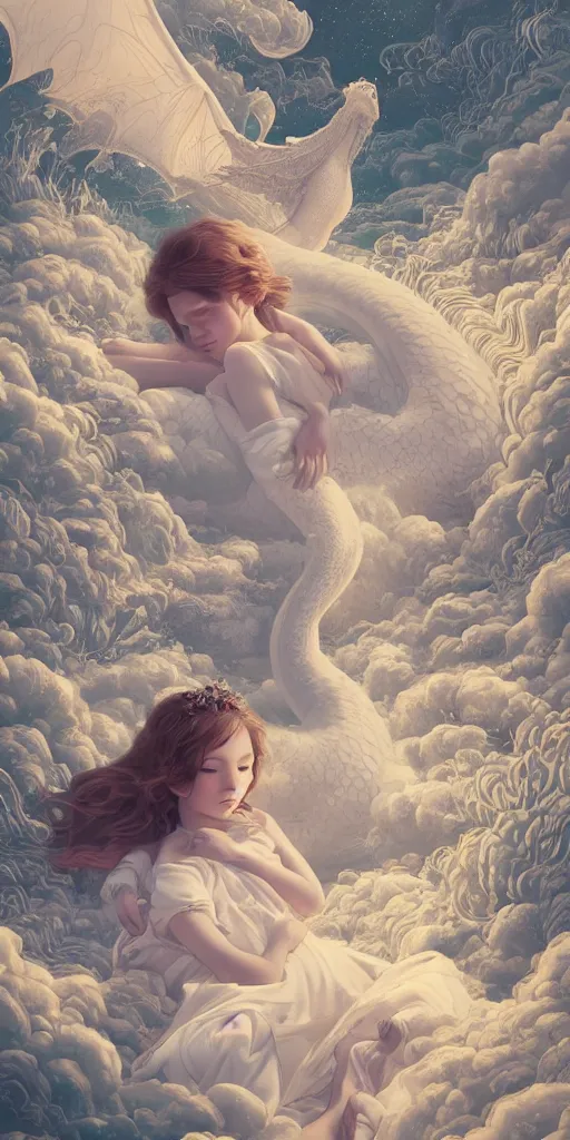 Prompt: the beautiful render of a girl lies in the arms of a huge white dragon in the fairyland surrounded by white clouds, in the style of victo ngai, animation style, 8 k render, trending on cgsociety, hyperrealism, highly detailed, characteristics of golden curve