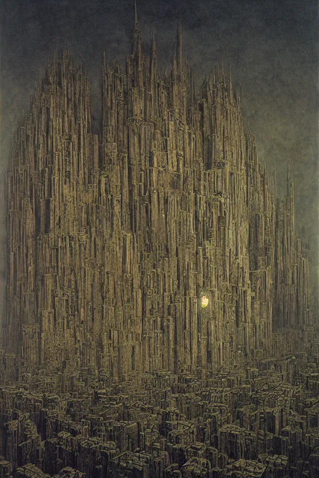 Prompt: painting of an colossal ominous morbid cathedral, from bellow, tilted frame, high level of details, by Beksinski,