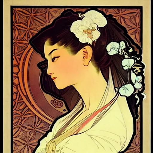 Image similar to beautiful women with oriental faces, character portrait, sharp, art by alphonse maria mucha