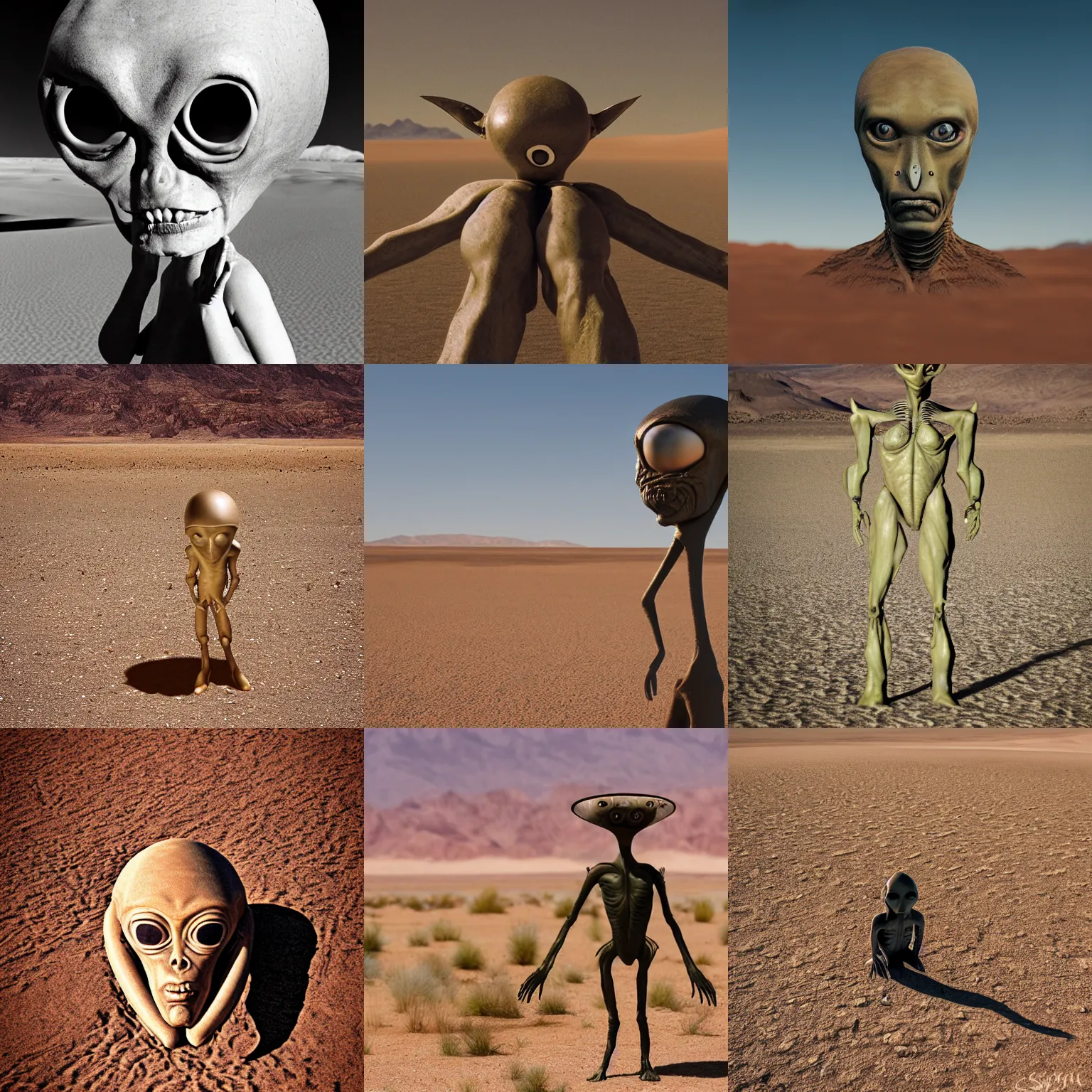 Prompt: Portrait of an alien in a desert, area 51, realistic photo, Sigma 200mm