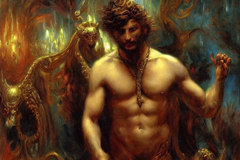 Prompt: portrait of the personification of hades. god of the underworld. art by gaston bussiere.