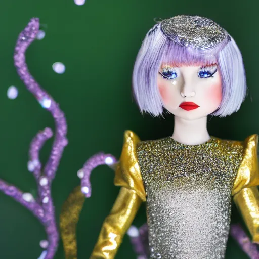 Image similar to Conchur Mac Greagoir with silver-violet hair, white eyes and golden glittery dress, wide lens, diorama, 4k,
