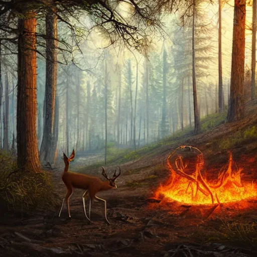 Prompt: a forest in a extreme fallout, with radioactive paths and flames everywhere, a deer is in the middle of the scenery and drinks out of a lake by greg rutkowski, 4 k, realistic oil painting