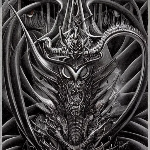 Image similar to a portrait of a dark entropy dragon, detailed, fantasy, scary, realistic, frightening, ornate, horns, spikes, incredible, masterpiece, amazing, wow!, sense of awe, award winning, greg rutowski, bosch, mc escher, dali