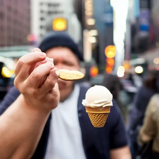 Image similar to a very sad man holding a very tiny cup of ice cream in nyc. photograph.