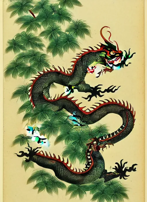 Prompt: vintage chinese dragon in a tropical forest, john james audubon, intaglio